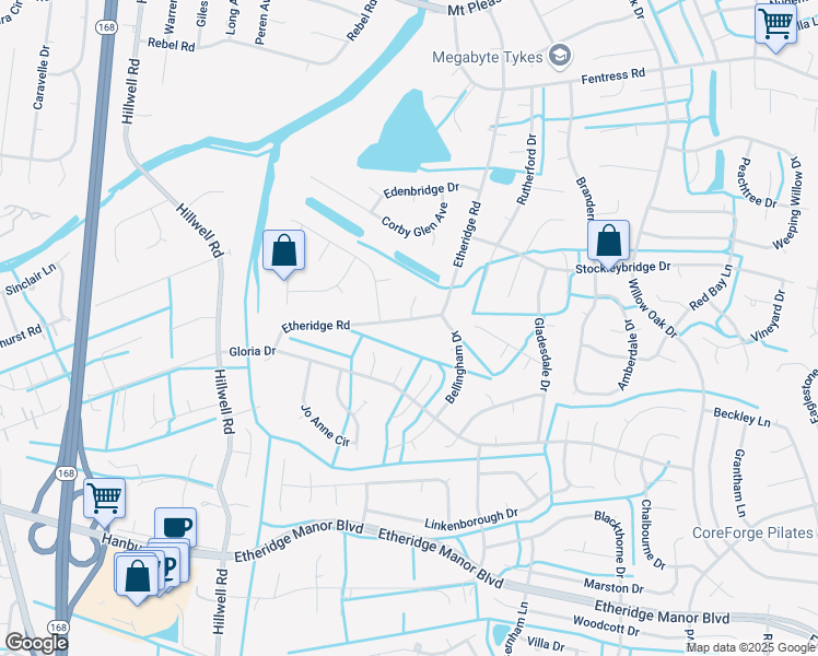 map of restaurants, bars, coffee shops, grocery stores, and more near 517 Etheridge Road in Chesapeake