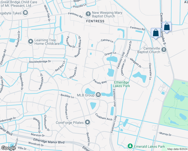 map of restaurants, bars, coffee shops, grocery stores, and more near 1211 Pacels Way in Chesapeake