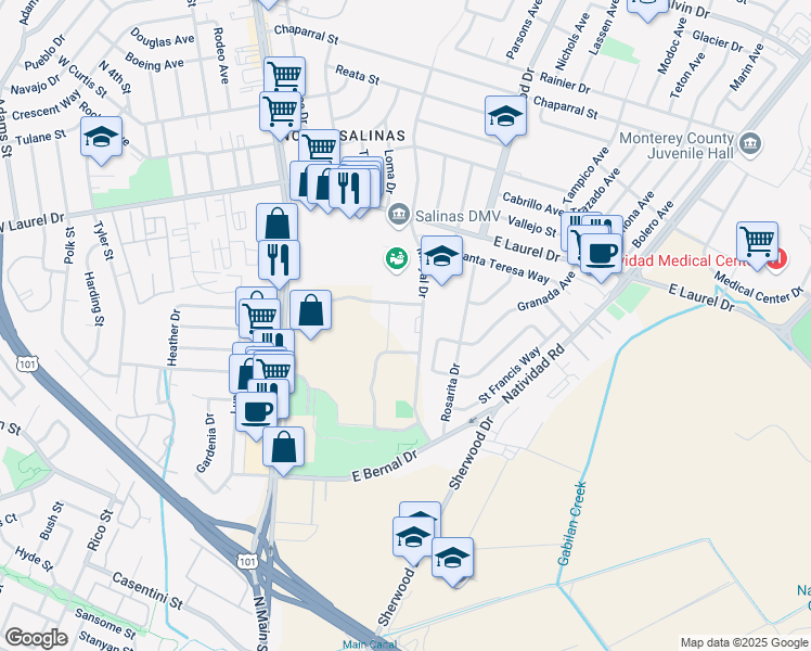map of restaurants, bars, coffee shops, grocery stores, and more near 85 Maryal Drive in Salinas