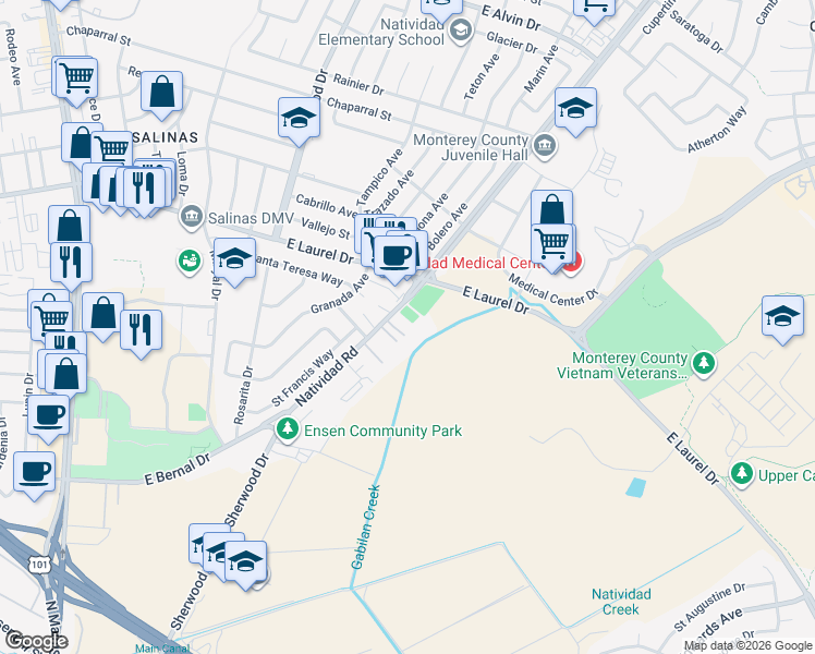 map of restaurants, bars, coffee shops, grocery stores, and more near 54 Natividad Road in Salinas