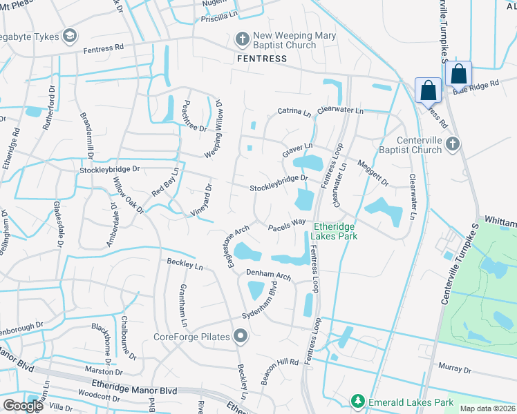map of restaurants, bars, coffee shops, grocery stores, and more near 1213 Pacels Way in Chesapeake