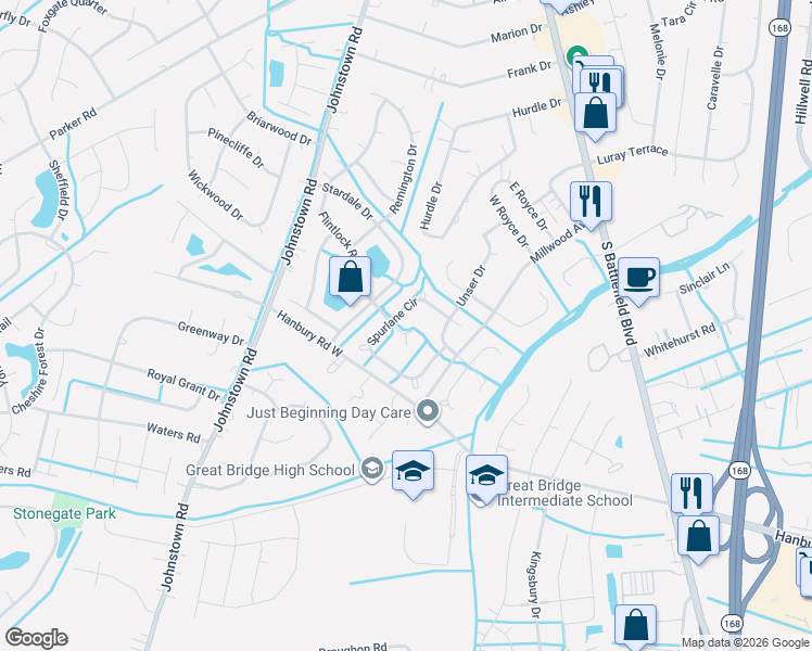 map of restaurants, bars, coffee shops, grocery stores, and more near 401 Spurlane Circle in Chesapeake
