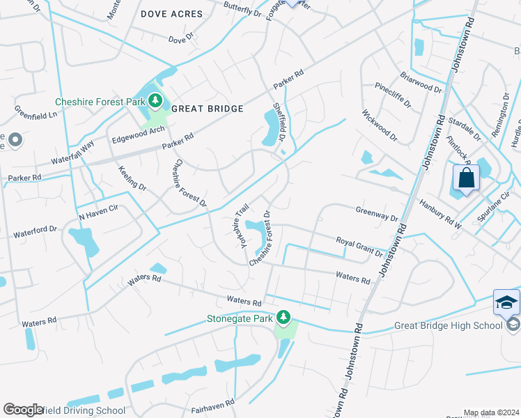 map of restaurants, bars, coffee shops, grocery stores, and more near 617 Sheffield Court in Chesapeake