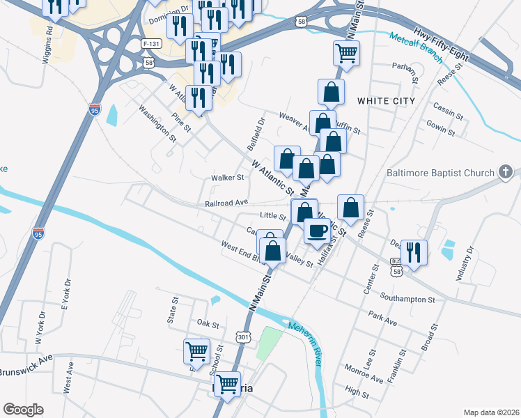 map of restaurants, bars, coffee shops, grocery stores, and more near 140-198 Little Street in Emporia