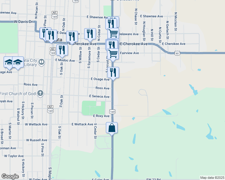 map of restaurants, bars, coffee shops, grocery stores, and more near U.S. 169 in Nowata