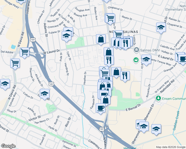 map of restaurants, bars, coffee shops, grocery stores, and more near 125 Larkspur Drive in Salinas
