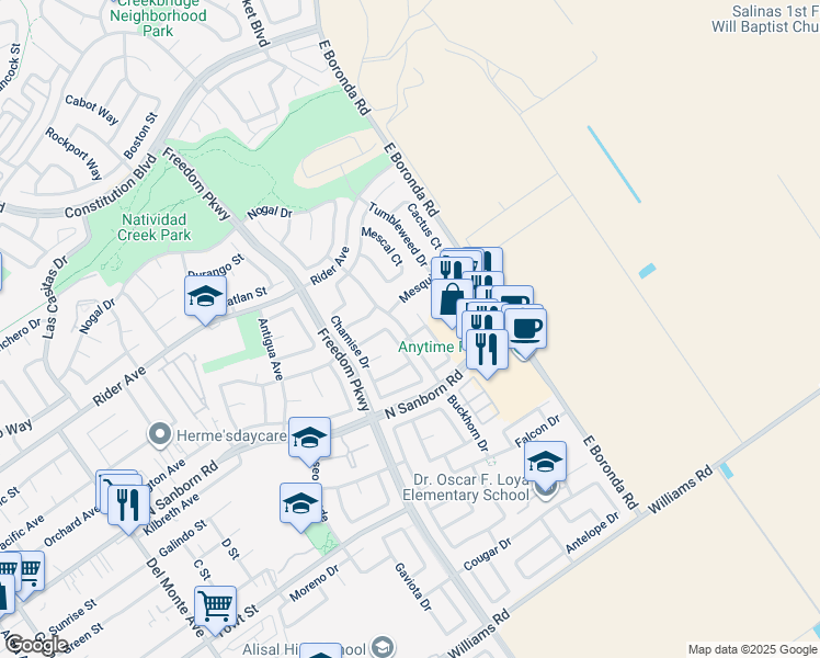 map of restaurants, bars, coffee shops, grocery stores, and more near 1501 Rockrose Way in Salinas