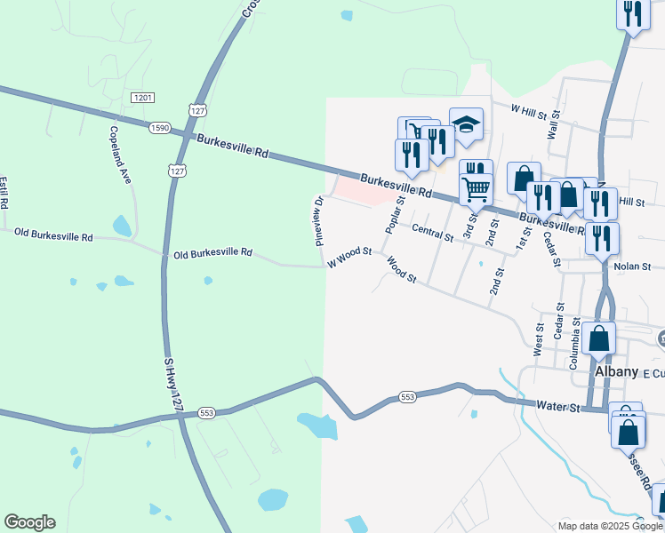 map of restaurants, bars, coffee shops, grocery stores, and more near Old Burkesville Road in Albany