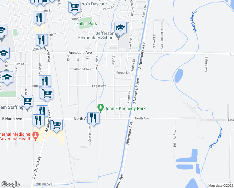 map of restaurants, bars, coffee shops, grocery stores, and more near 681 Gloria Avenue in Sanger