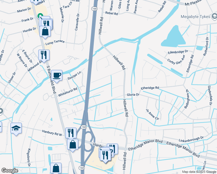 map of restaurants, bars, coffee shops, grocery stores, and more near 204 Christa Drive in Chesapeake