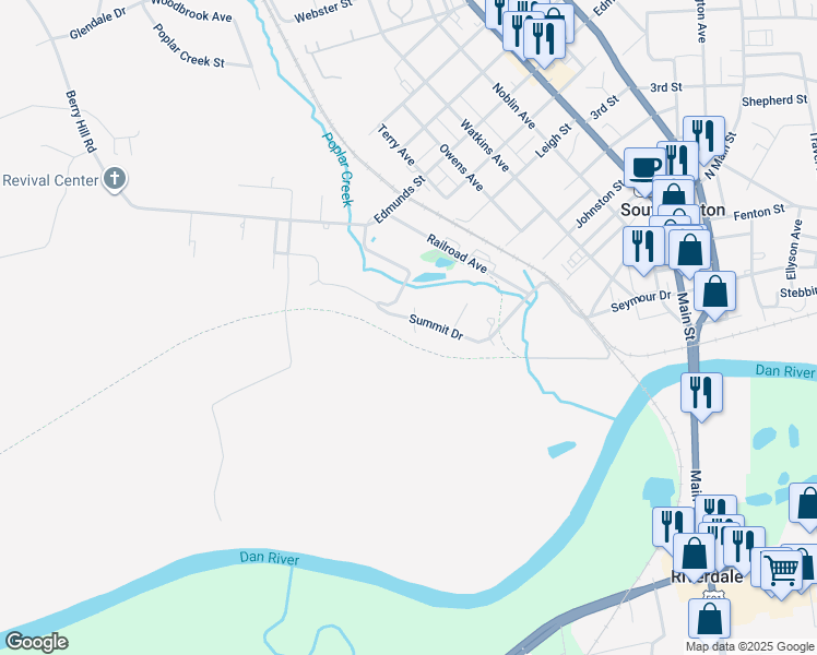 map of restaurants, bars, coffee shops, grocery stores, and more near Tobacco Heritage Trail in South Boston