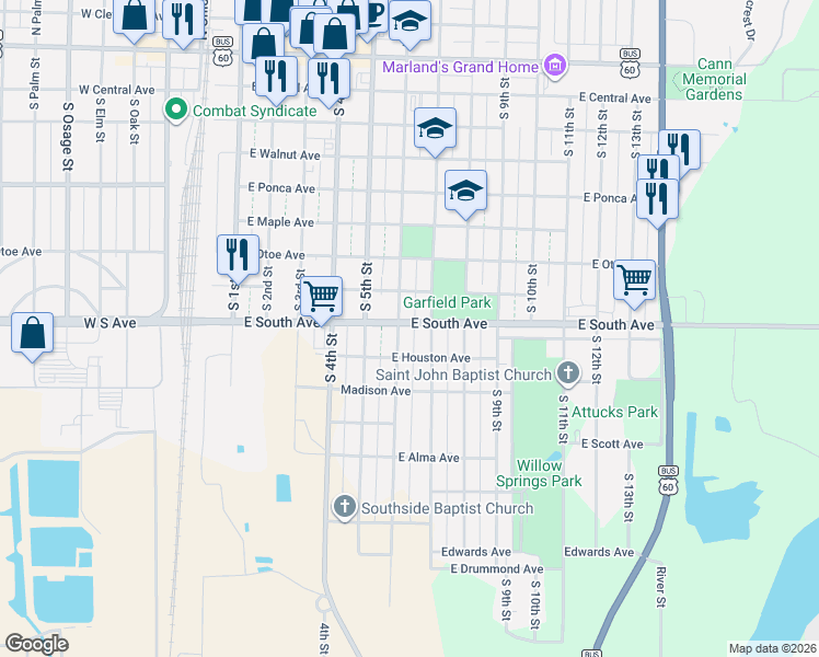 map of restaurants, bars, coffee shops, grocery stores, and more near 916 South 7th Street in Ponca City