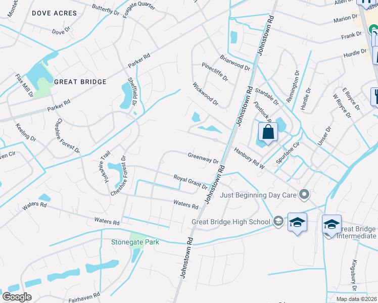 map of restaurants, bars, coffee shops, grocery stores, and more near 521 Greenway Drive in Chesapeake