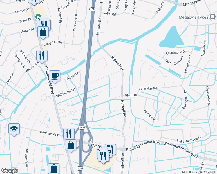map of restaurants, bars, coffee shops, grocery stores, and more near 208 Christa Drive in Chesapeake