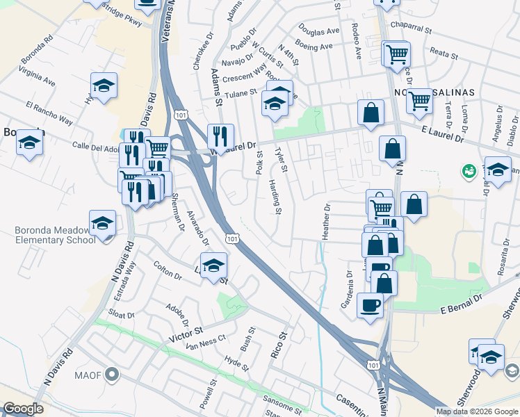 map of restaurants, bars, coffee shops, grocery stores, and more near 1062 Polk Street in Salinas