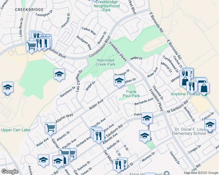 map of restaurants, bars, coffee shops, grocery stores, and more near 9 Mimbrera Circle in Salinas