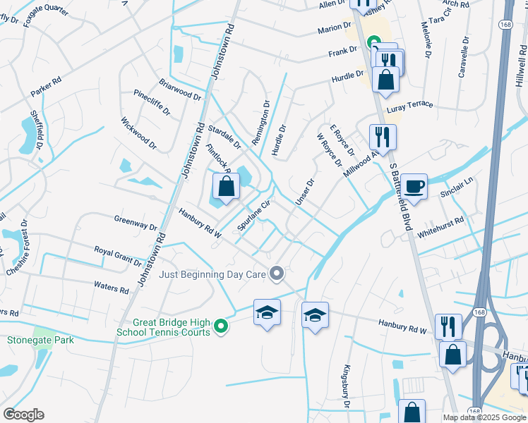map of restaurants, bars, coffee shops, grocery stores, and more near 333 Spurlane Circle in Chesapeake