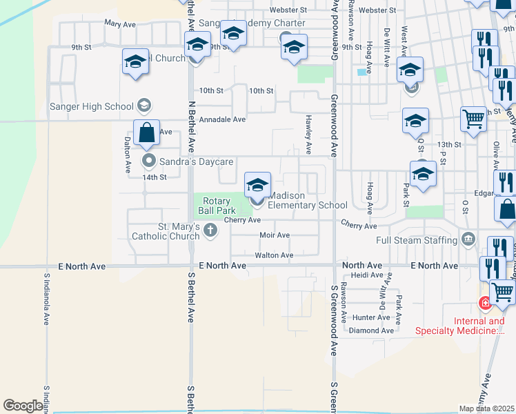 map of restaurants, bars, coffee shops, grocery stores, and more near 2324 Cherry Avenue in Sanger