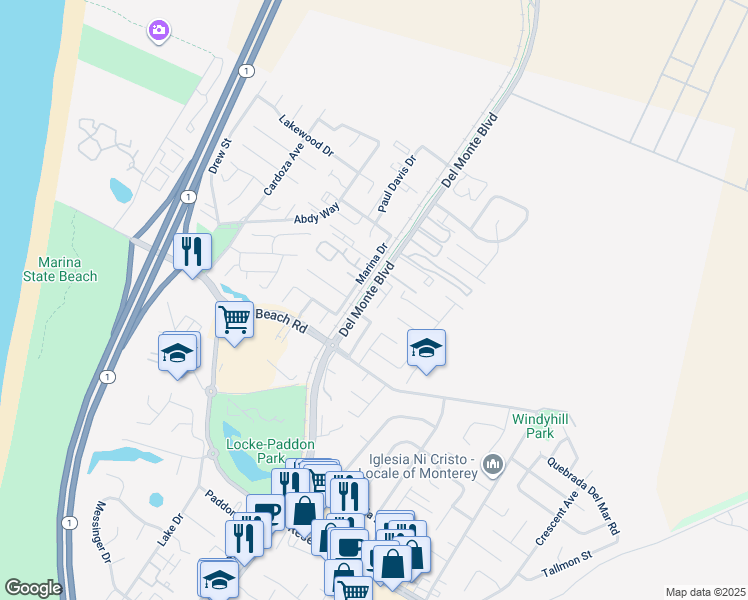 map of restaurants, bars, coffee shops, grocery stores, and more near 3294 Del Monte Boulevard in Marina
