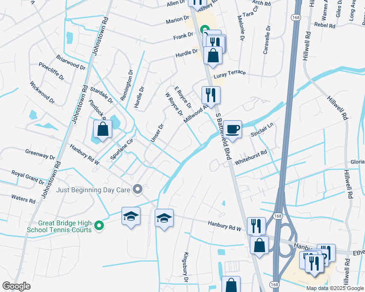 map of restaurants, bars, coffee shops, grocery stores, and more near 817 Woodrow Court in Chesapeake