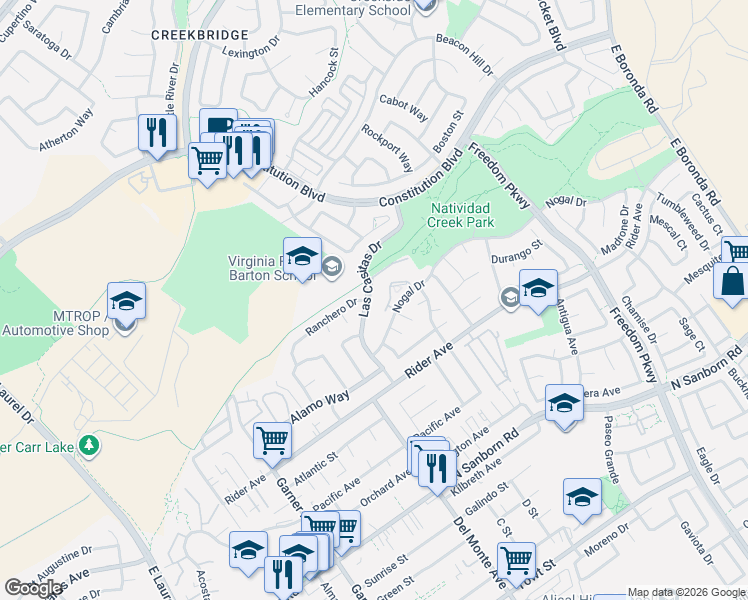 map of restaurants, bars, coffee shops, grocery stores, and more near 739 Las Casitas Drive in Salinas