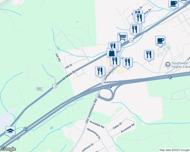 map of restaurants, bars, coffee shops, grocery stores, and more near 191 Old Jonesboro Road in Abingdon