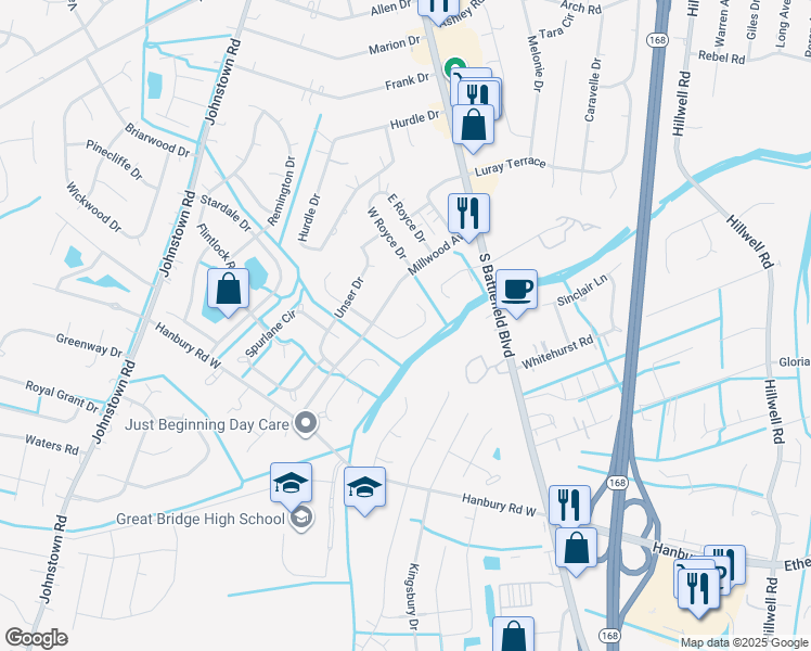 map of restaurants, bars, coffee shops, grocery stores, and more near 817 Woodrow Court in Chesapeake