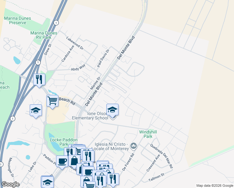 map of restaurants, bars, coffee shops, grocery stores, and more near 3288 Michael Drive in Marina