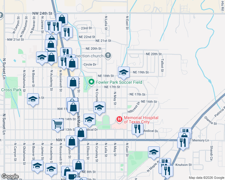 map of restaurants, bars, coffee shops, grocery stores, and more near 1602 North May Street in Guymon