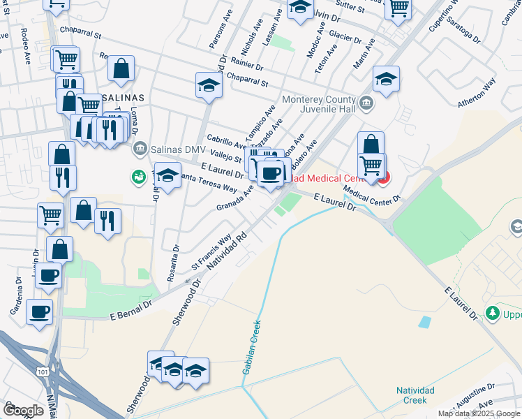 map of restaurants, bars, coffee shops, grocery stores, and more near 626 East Laurel Drive in Salinas
