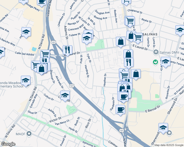 map of restaurants, bars, coffee shops, grocery stores, and more near 1066 Harding Street in Salinas