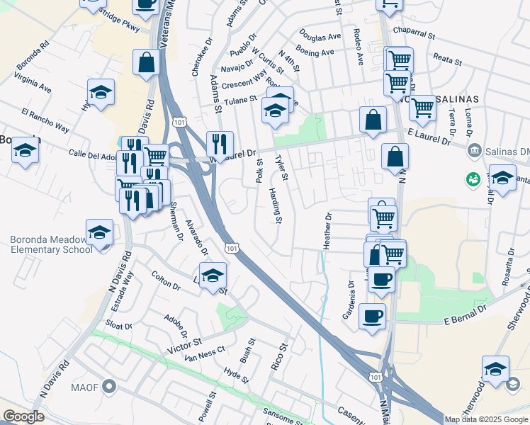 map of restaurants, bars, coffee shops, grocery stores, and more near 1090 Polk Street in Salinas