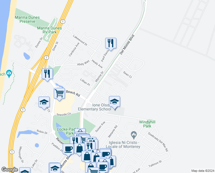map of restaurants, bars, coffee shops, grocery stores, and more near 3306 Del Monte Boulevard in Marina