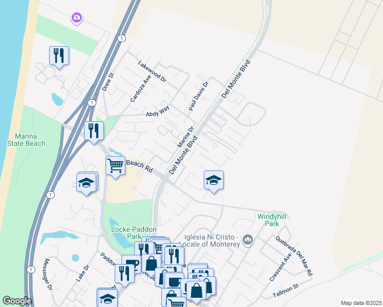map of restaurants, bars, coffee shops, grocery stores, and more near 3302 Del Monte Boulevard in Marina
