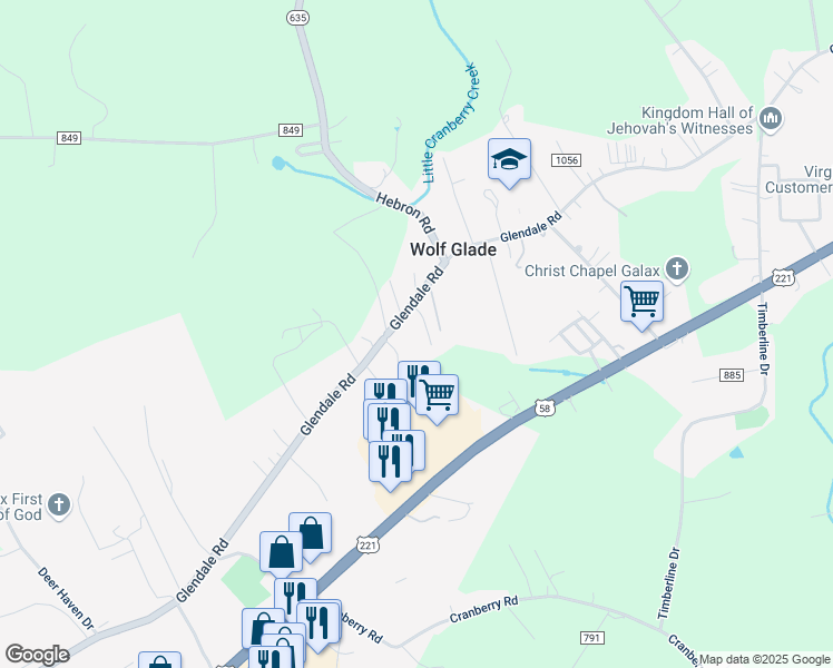 map of restaurants, bars, coffee shops, grocery stores, and more near 54 Meltons Run in Galax