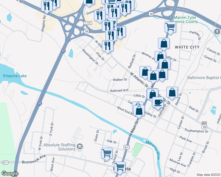 map of restaurants, bars, coffee shops, grocery stores, and more near 240 Carriage Run Court in Emporia