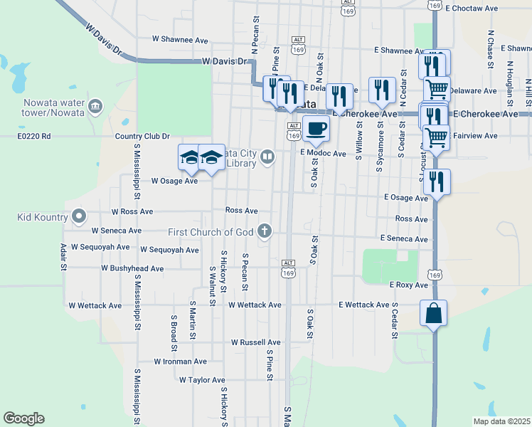 map of restaurants, bars, coffee shops, grocery stores, and more near 300 South Pine Street in Nowata
