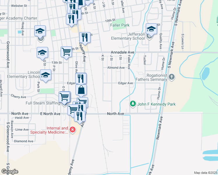 map of restaurants, bars, coffee shops, grocery stores, and more near 1413 J Street in Sanger
