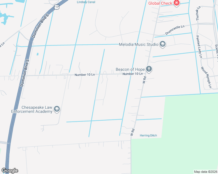 map of restaurants, bars, coffee shops, grocery stores, and more near 2401 Number 10 Lane in Chesapeake