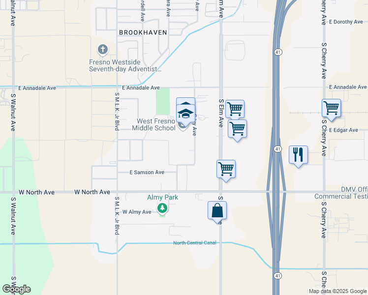 map of restaurants, bars, coffee shops, grocery stores, and more near 2910 South Ivy Avenue in Fresno