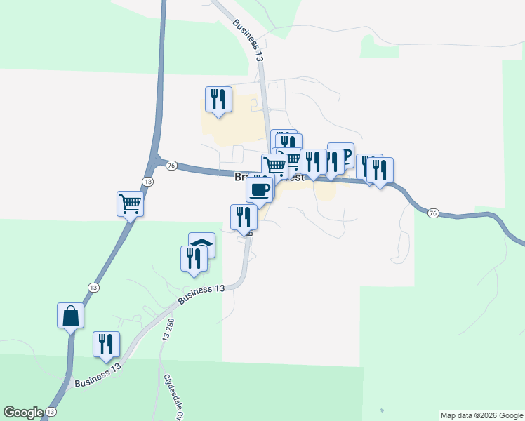 map of restaurants, bars, coffee shops, grocery stores, and more near Business 13 in Stone County
