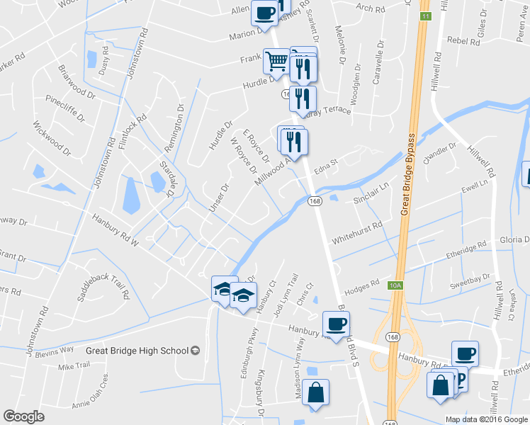 map of restaurants, bars, coffee shops, grocery stores, and more near 825 Woodrow Ct in Chesapeake