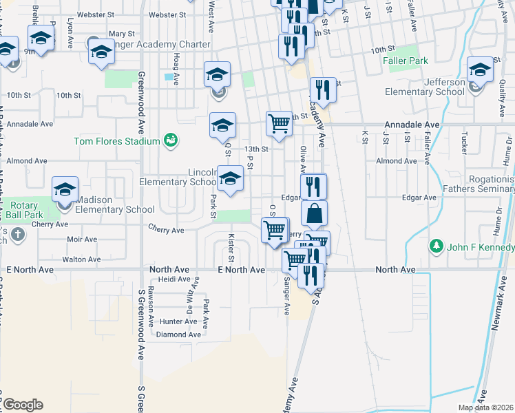 map of restaurants, bars, coffee shops, grocery stores, and more near 1505 Edgar Avenue in Sanger