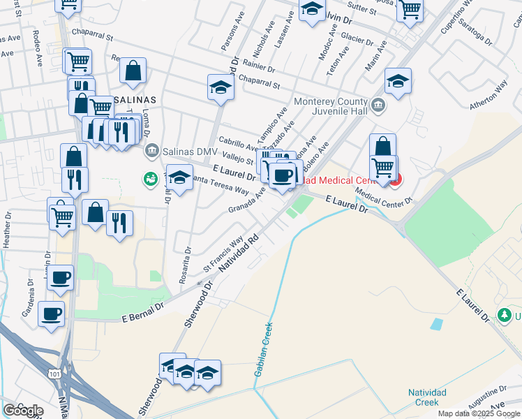 map of restaurants, bars, coffee shops, grocery stores, and more near 8 Santa Teresa Circle in Salinas