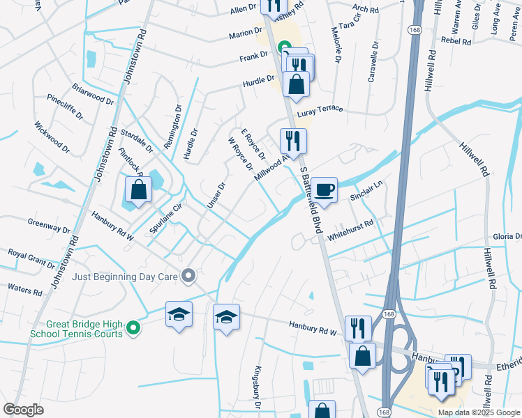 map of restaurants, bars, coffee shops, grocery stores, and more near 825 Woodrow Court in Chesapeake
