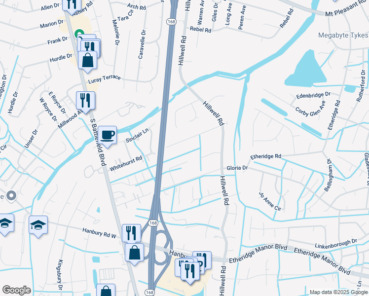 map of restaurants, bars, coffee shops, grocery stores, and more near 260 Ewell Lane in Chesapeake