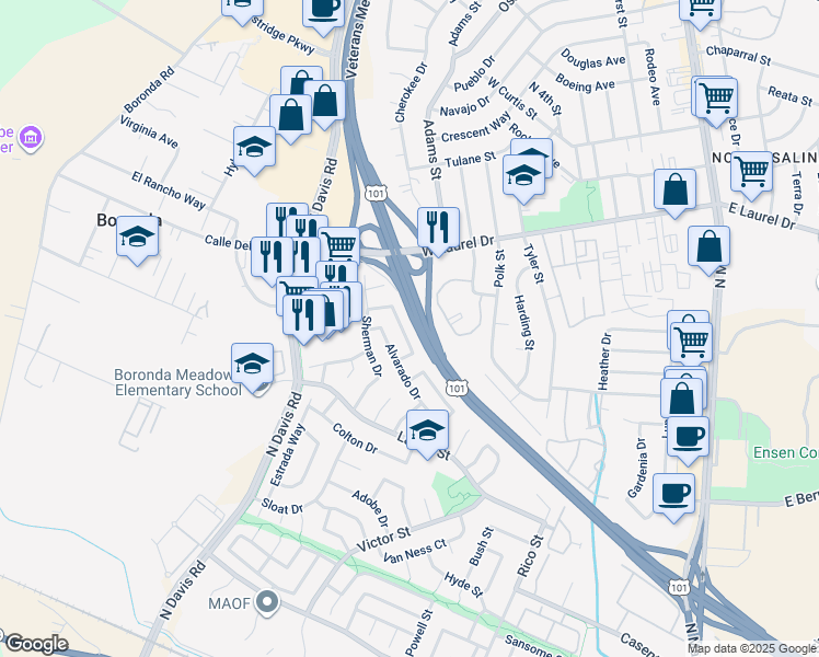 map of restaurants, bars, coffee shops, grocery stores, and more near 746 Leese Drive in Salinas