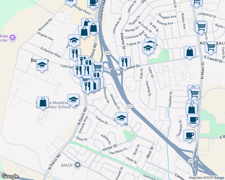 map of restaurants, bars, coffee shops, grocery stores, and more near 755 Leese Drive in Salinas