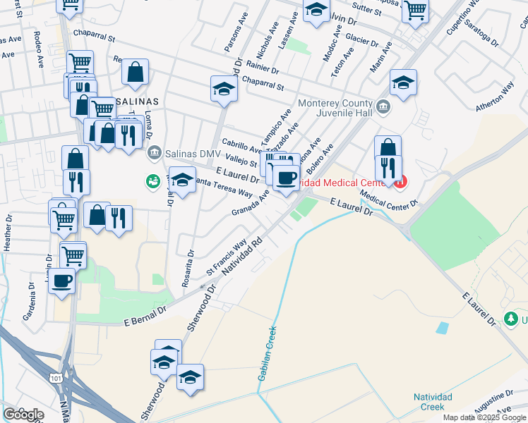 map of restaurants, bars, coffee shops, grocery stores, and more near 8 Santa Teresa Circle in Salinas