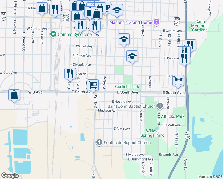 map of restaurants, bars, coffee shops, grocery stores, and more near 805 South 5th Street in Ponca City